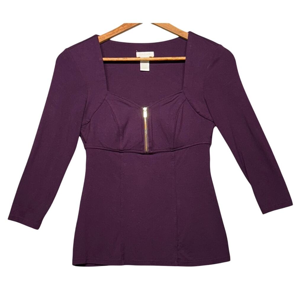 Cache Vintage  90s Y2K Plum Purple Square Neck Corset 3/4 Sleeve Top Women XS
